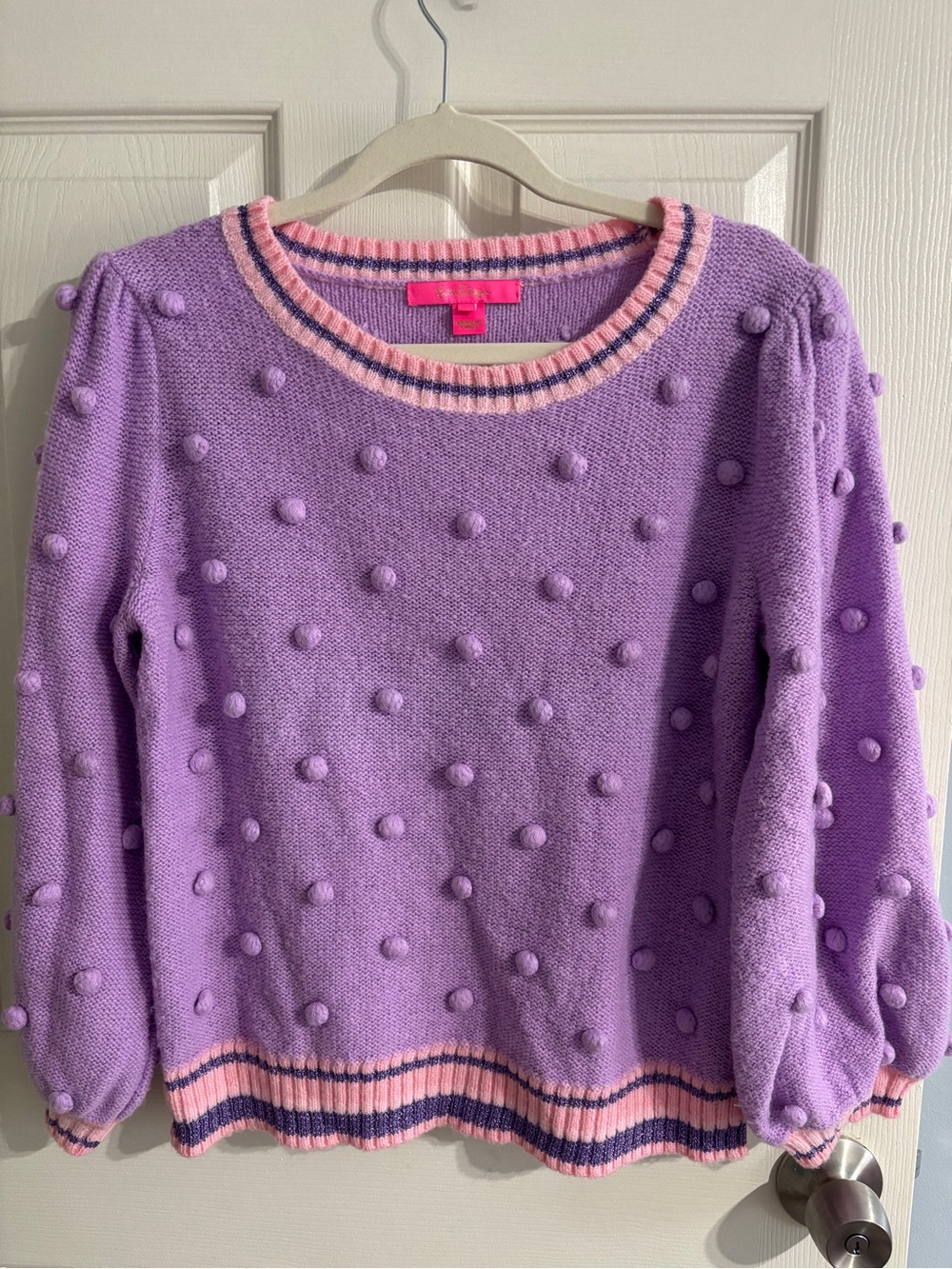 Lilly Pulitzer Lavender Pom-Pom Crewneck Sweater with Puffed Sleeves